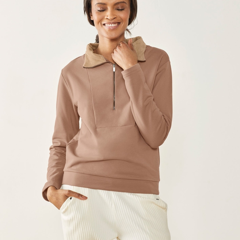 ADAY Women's Zip-Front Pullover Sweater with Contrast Collar - Tan/Brown Size M